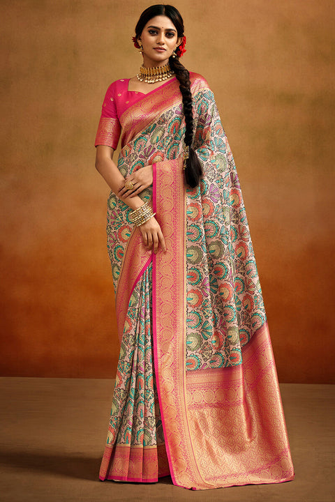 VastraLakshmi Mesmeric Beige Kalamkari Printed Saree With Vivacious Blouse Piece