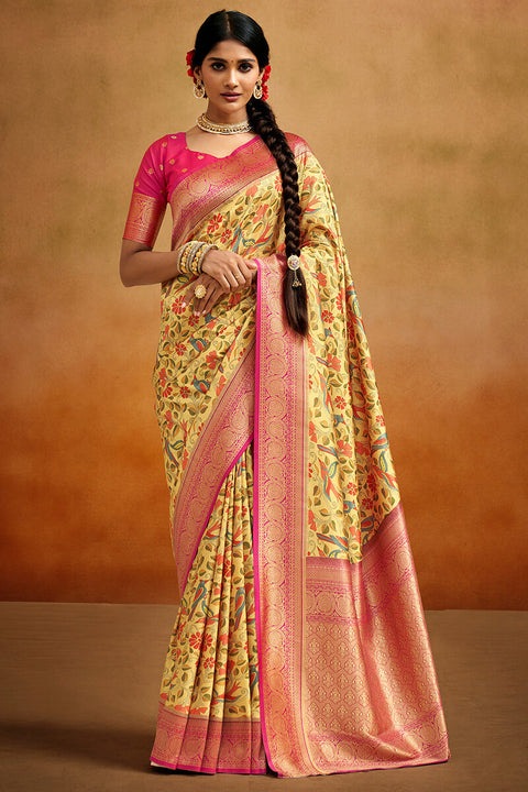 VastraLakshmi Hypnotic Yellow Kalamkari Printed Saree With Whimsical Blouse Piece