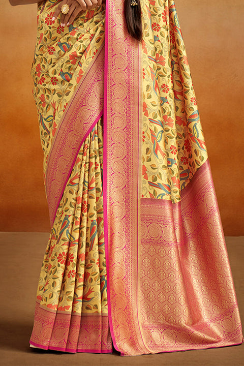 VastraLakshmi Hypnotic Yellow Kalamkari Printed Saree With Whimsical Blouse Piece