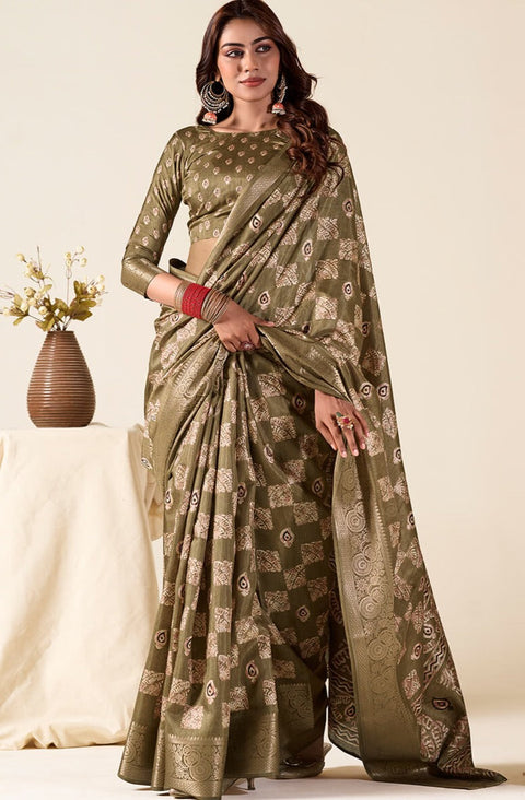 VastraLakshmi Desiring Mehndi Foil Printed Dola Silk Saree With Prominent Blouse Piece