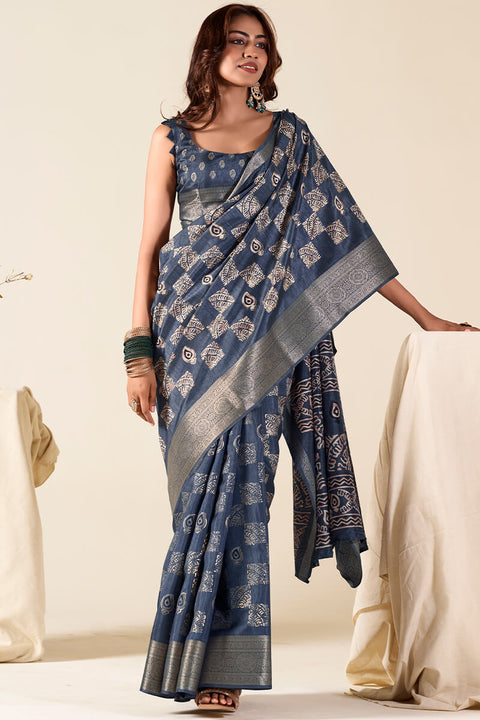 VastraLakshmi Prettiest Blue Foil Printed Dola Silk Saree With Entrancing Blouse Piece