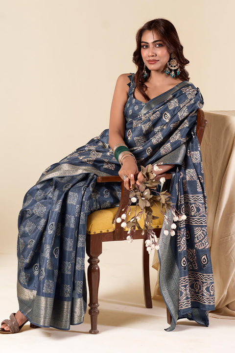 VastraLakshmi Prettiest Blue Foil Printed Dola Silk Saree With Entrancing Blouse Piece