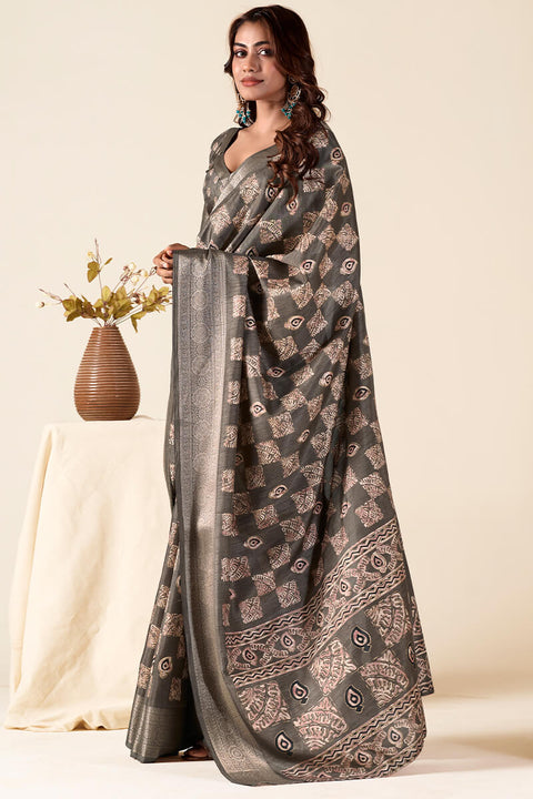 VastraLakshmi Traditional Brown Foil Printed Dola Silk Saree With Divine Blouse Piece