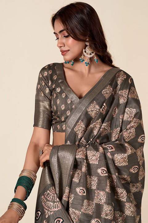 VastraLakshmi Traditional Brown Foil Printed Dola Silk Saree With Divine Blouse Piece