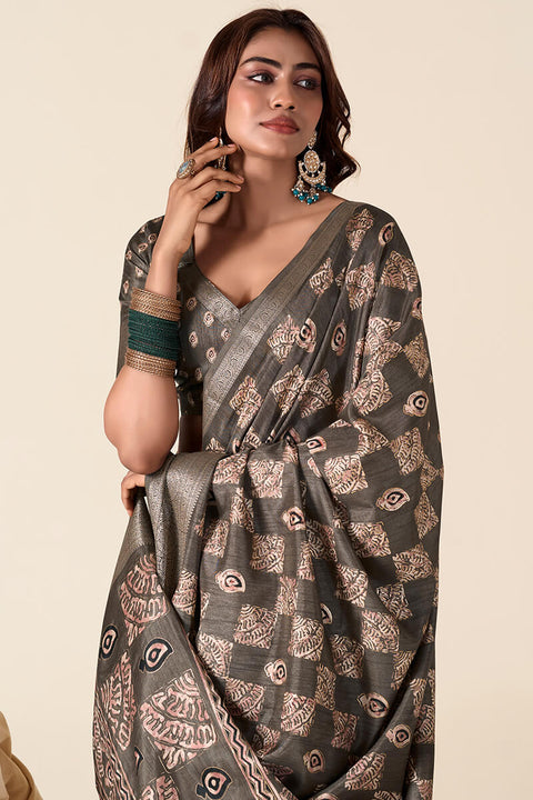 VastraLakshmi Traditional Brown Foil Printed Dola Silk Saree With Divine Blouse Piece