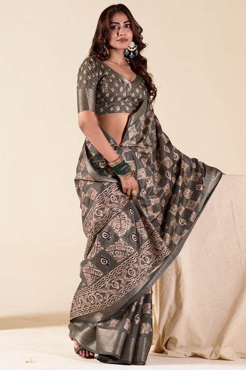 VastraLakshmi Traditional Brown Foil Printed Dola Silk Saree With Divine Blouse Piece