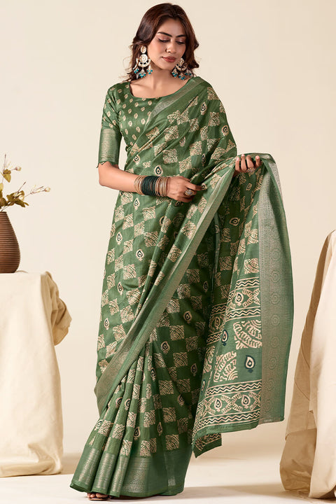 VastraLakshmi Desultory Green Foil Printed Dola Silk Saree With Evanescent Blouse Piece