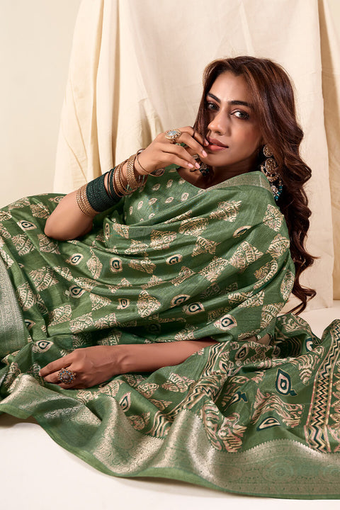 VastraLakshmi Desultory Green Foil Printed Dola Silk Saree With Evanescent Blouse Piece