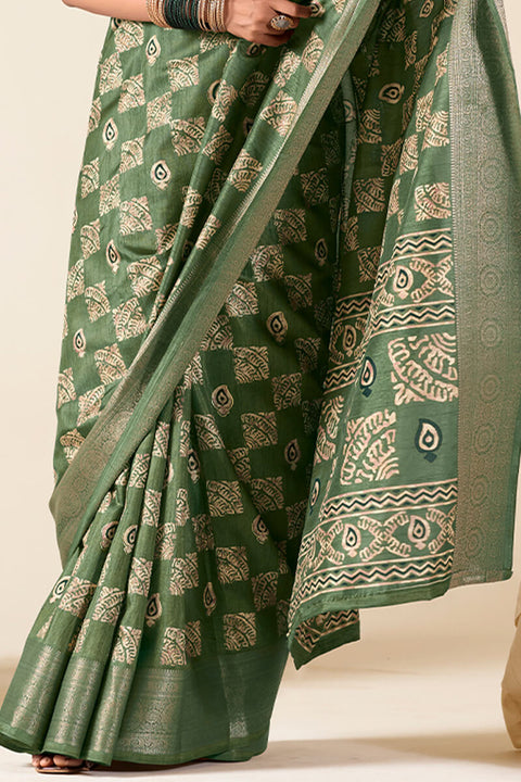 VastraLakshmi Desultory Green Foil Printed Dola Silk Saree With Evanescent Blouse Piece