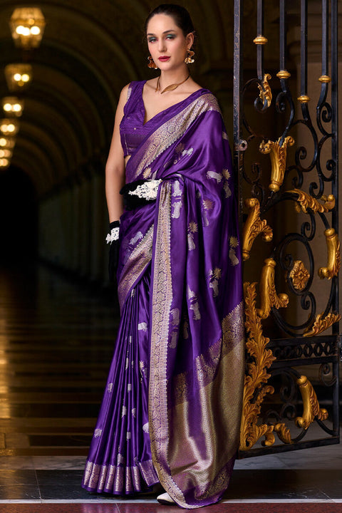 VastraLakshmi Stunning Royal Purple Banarasi Satin Silk Saree With Energetic Blouse