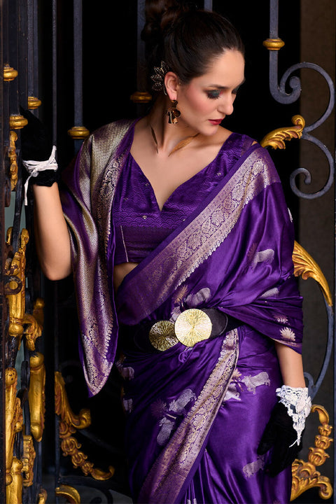 VastraLakshmi Stunning Royal Purple Banarasi Satin Silk Saree With Energetic Blouse