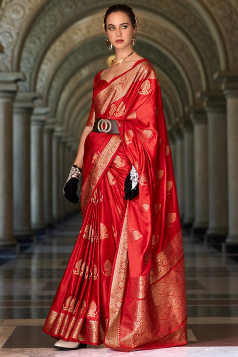 VastraLakshmi Sensational Red Banarasi Satin Silk Saree With Wonderful Blouse