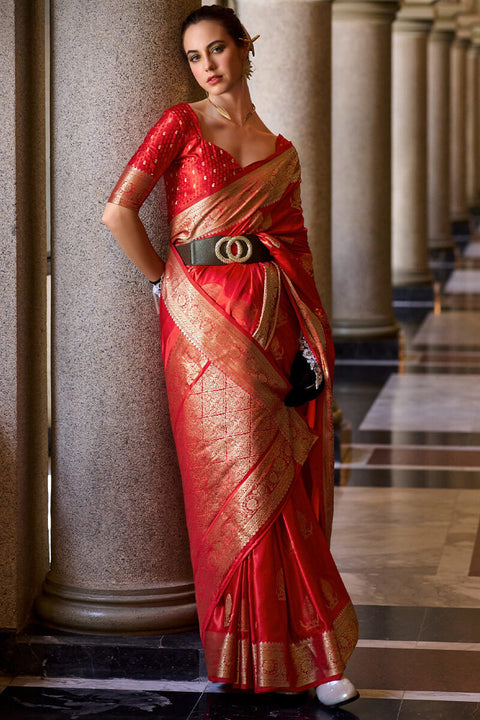 VastraLakshmi Sensational Red Banarasi Satin Silk Saree With Wonderful Blouse