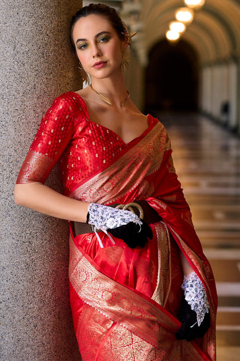 VastraLakshmi Sensational Red Banarasi Satin Silk Saree With Wonderful Blouse