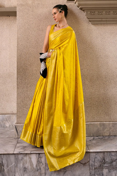 VastraLakshmi Adorning Yellow Banarasi Satin Silk Saree With Demanding Blouse