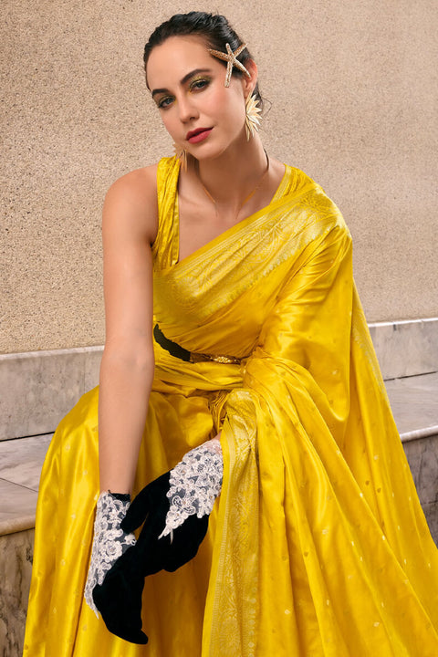 VastraLakshmi Adorning Yellow Banarasi Satin Silk Saree With Demanding Blouse