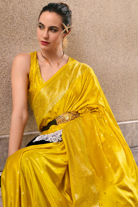 VastraLakshmi Adorning Yellow Banarasi Satin Silk Saree With Demanding Blouse