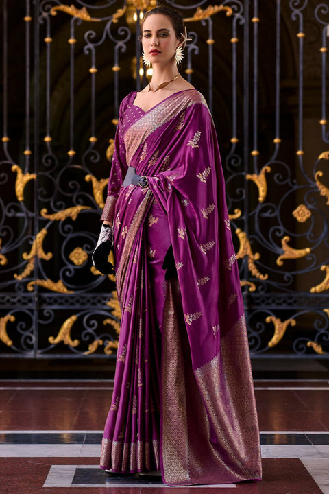 VastraLakshmi Blooming Purple Banarasi Satin Silk Saree With Engrossing Blouse