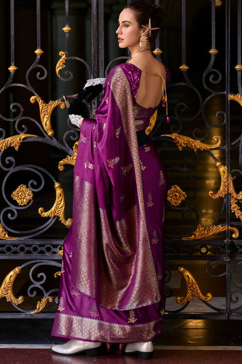 VastraLakshmi Blooming Purple Banarasi Satin Silk Saree With Engrossing Blouse