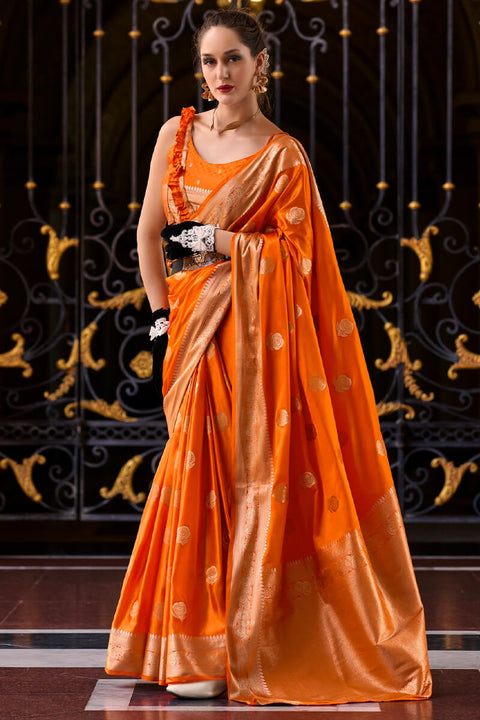 VastraLakshmi Captivating Orange Banarasi Satin Silk Saree With Desirable Blouse