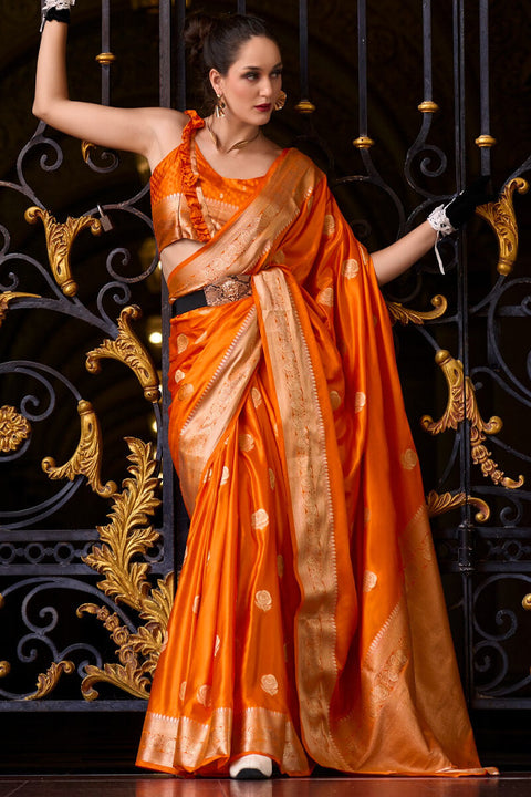 VastraLakshmi Captivating Orange Banarasi Satin Silk Saree With Desirable Blouse