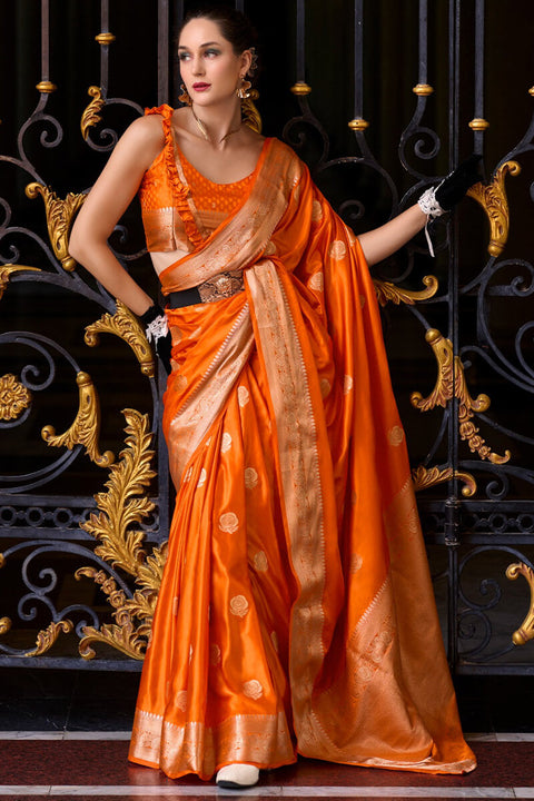 VastraLakshmi Captivating Orange Banarasi Satin Silk Saree With Desirable Blouse