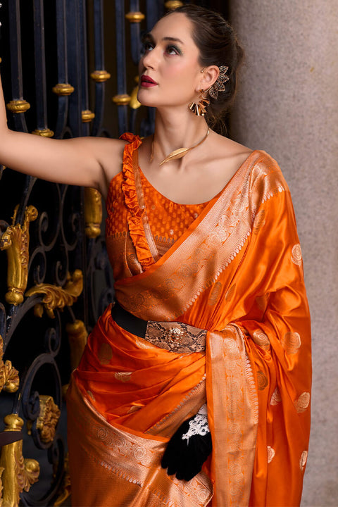 VastraLakshmi Captivating Orange Banarasi Satin Silk Saree With Desirable Blouse