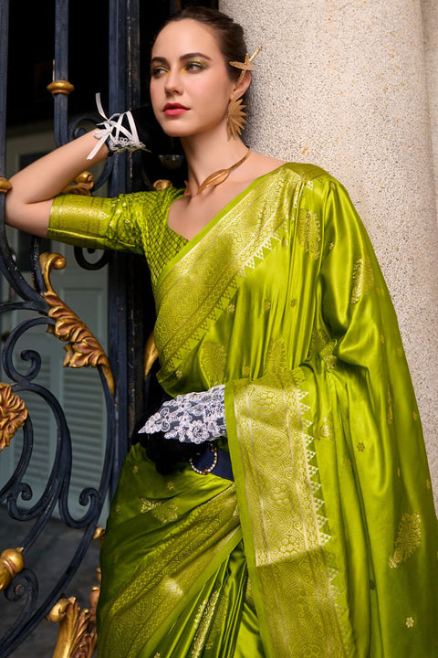 VastraLakshmi Comely Green Banarasi Satin Silk Saree With Enticing Blouse