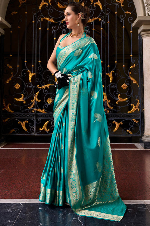 VastraLakshmi Demesne Firozi Banarasi Satin Silk Saree With Murmurous Blouse