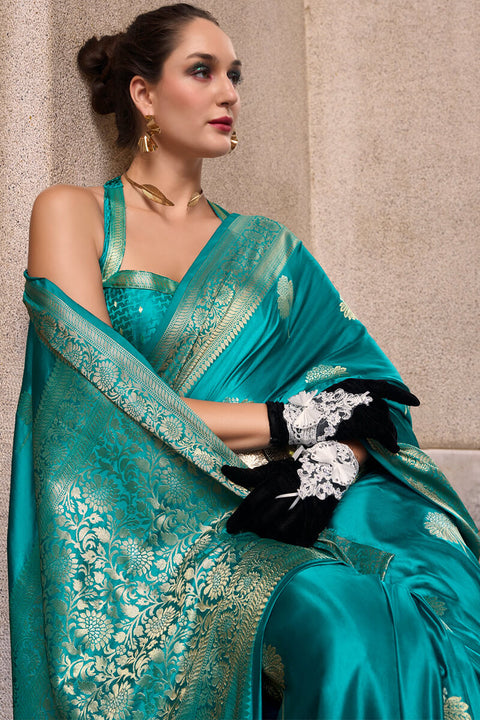 VastraLakshmi Demesne Firozi Banarasi Satin Silk Saree With Murmurous Blouse