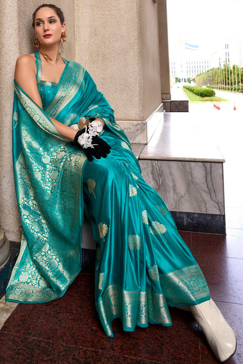 VastraLakshmi Demesne Firozi Banarasi Satin Silk Saree With Murmurous Blouse