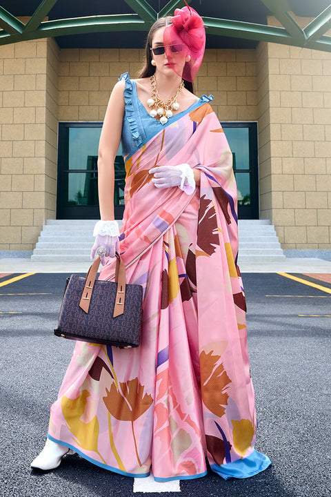 VastraLakshmi Classy Pink Digital Printed Satin Silk Saree With Skinny Blouse Piece