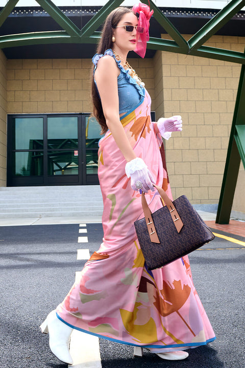 VastraLakshmi Classy Pink Digital Printed Satin Silk Saree With Skinny Blouse Piece