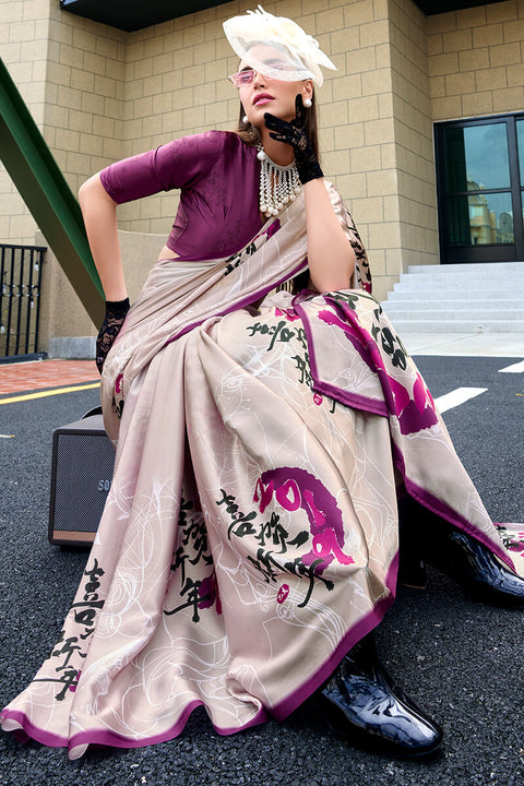 VastraLakshmi Flamboyant Beige Digital Printed Satin Silk Saree With Inspiring Blouse Piece