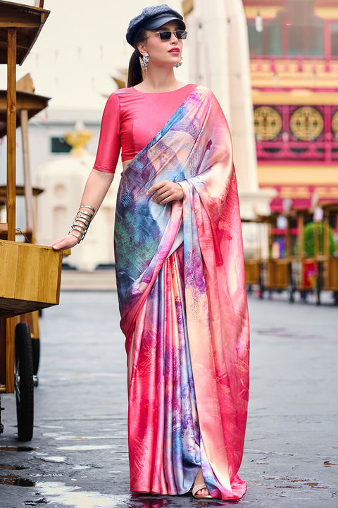 VastraLakshmi Incomparable Pink Digital Printed Satin Silk Saree With Majestic Blouse Piece