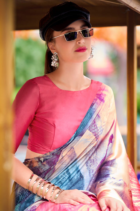 VastraLakshmi Incomparable Pink Digital Printed Satin Silk Saree With Majestic Blouse Piece