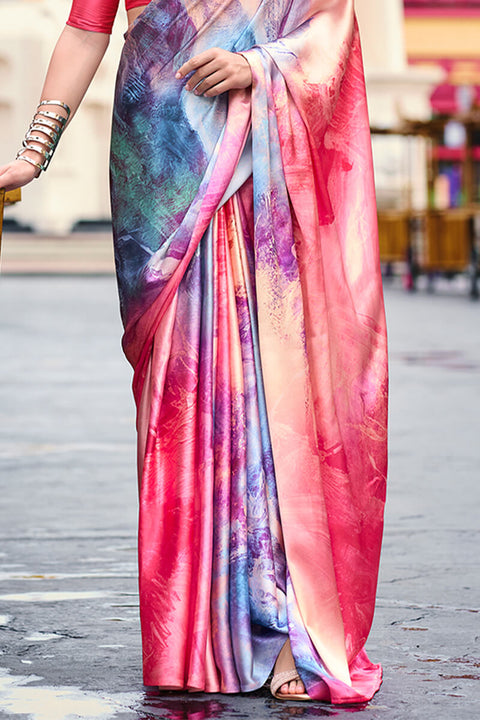 VastraLakshmi Incomparable Pink Digital Printed Satin Silk Saree With Majestic Blouse Piece