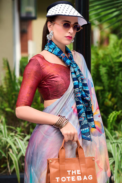 VastraLakshmi Beauteous Grey Digital Printed Satin Silk Saree With Demesne Blouse Piece