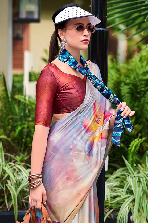 VastraLakshmi Beauteous Grey Digital Printed Satin Silk Saree With Demesne Blouse Piece