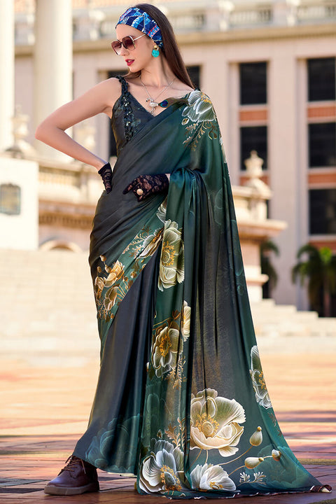 VastraLakshmi Epiphany Dark Green Digital Printed Satin Silk Saree With Palimpsest Blouse Piece