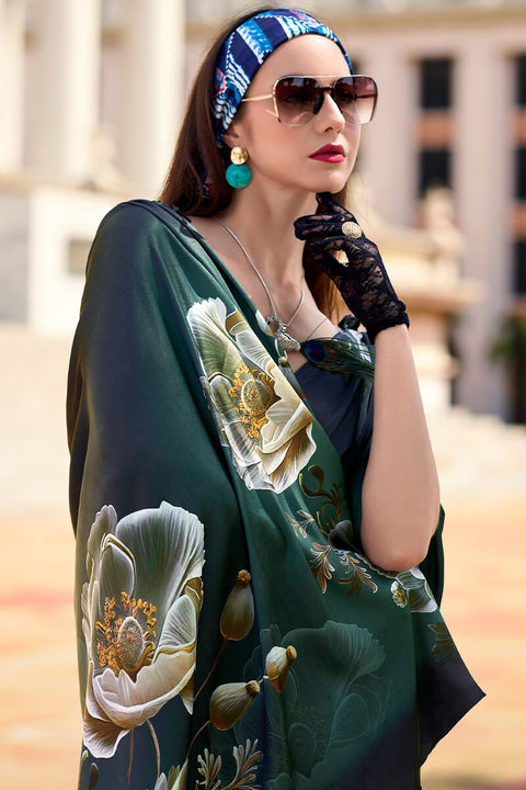 VastraLakshmi Epiphany Dark Green Digital Printed Satin Silk Saree With Palimpsest Blouse Piece