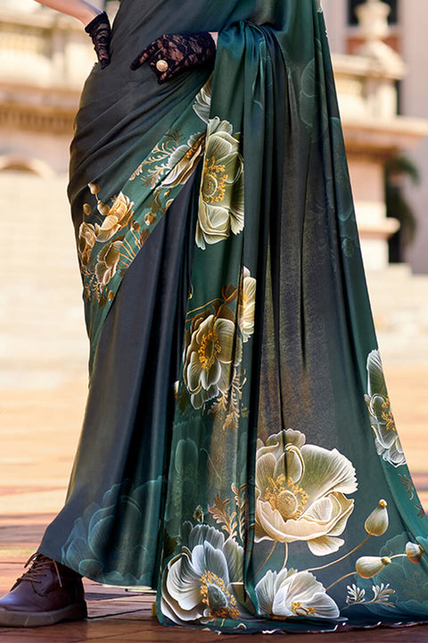 VastraLakshmi Epiphany Dark Green Digital Printed Satin Silk Saree With Palimpsest Blouse Piece