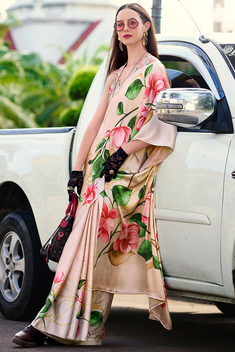 VastraLakshmi Sempiternal Beige Digital Printed Satin Silk Saree With Confounding Blouse Piece