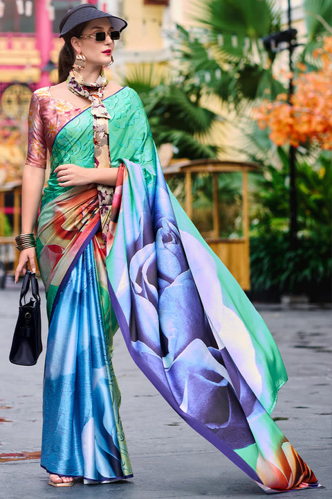 VastraLakshmi Scrumptious Sea Green Digital Printed Satin Silk Saree With Transcendent Blouse Piece