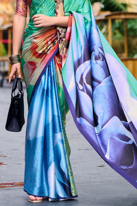 VastraLakshmi Scrumptious Sea Green Digital Printed Satin Silk Saree With Transcendent Blouse Piece