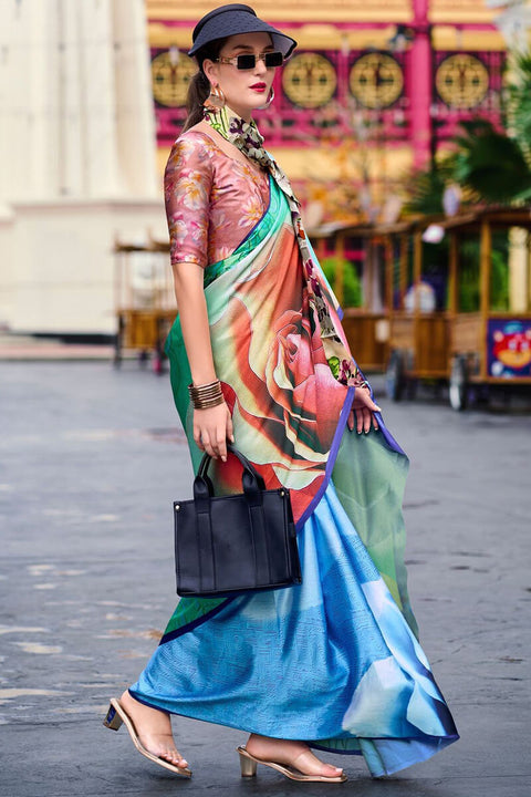 VastraLakshmi Scrumptious Sea Green Digital Printed Satin Silk Saree With Transcendent Blouse Piece