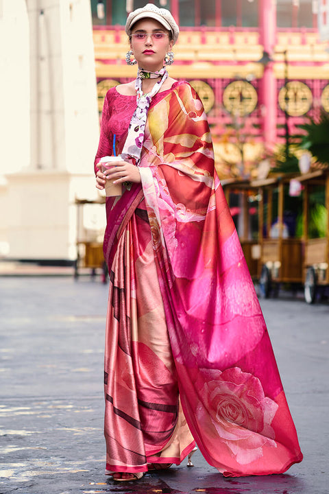 VastraLakshmi Blooming Dark Pink Digital Printed Satin Silk Saree With Hypnotic Blouse Piece