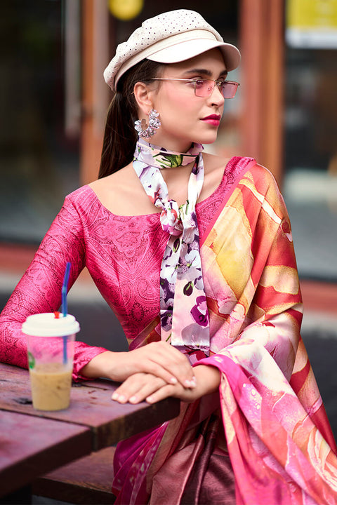 VastraLakshmi Blooming Dark Pink Digital Printed Satin Silk Saree With Hypnotic Blouse Piece