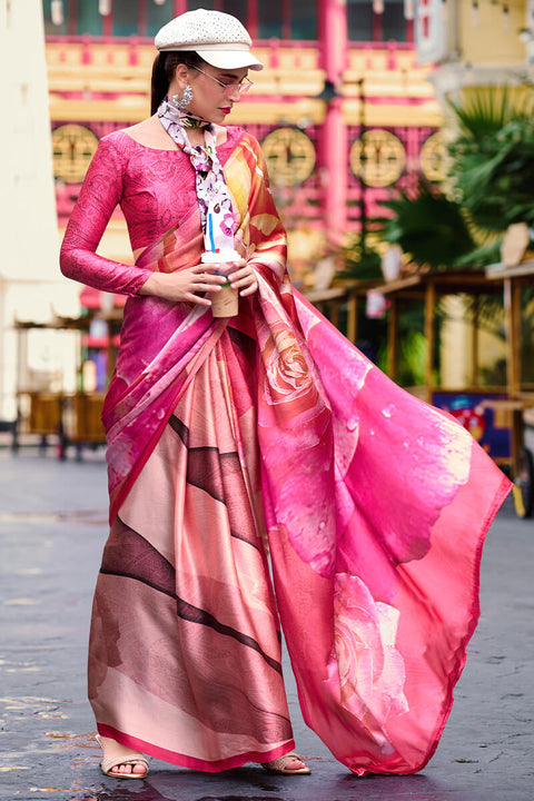 VastraLakshmi Blooming Dark Pink Digital Printed Satin Silk Saree With Hypnotic Blouse Piece