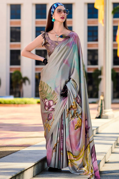 VastraLakshmi Flamboyant Grey Digital Printed Satin Silk Saree With Twirling Blouse Piece